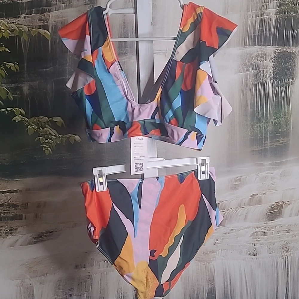 New with tags! Missky Womens XL colorful ruffle shoulder bikini swim suit